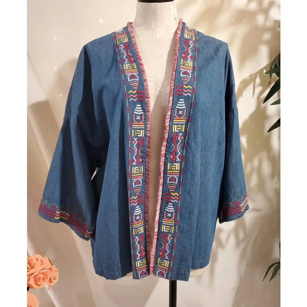 Falls Creek Chambray Denim Embroidered Southwestern Open Cardigan Size 1X Boho